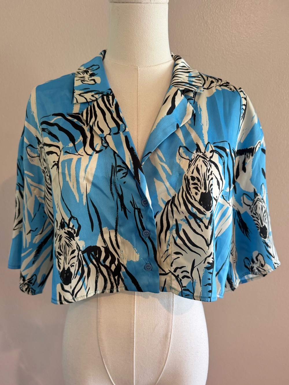 ZARA Blue Zebra Print Cropped Oversized Button Up Shirt XS